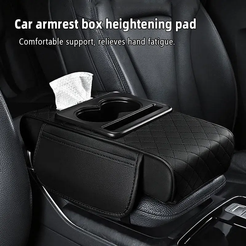 5-in-1 Car Center Console Cover, Faux Leather Armrest Pad with 2 Storage Pockets, Cup Holder, Tissue Slot & Phone Holder for Universal Car Interior Organizer (A-Black)