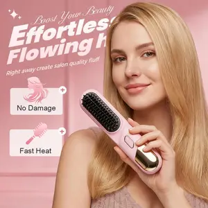 Go Brushs Pro for Short Hair,2026 New Portable Straightener Brushs for Travel with LCD Temperature Display, 30s Fast Heating Cordless Mini Hair Brushs (Pink)