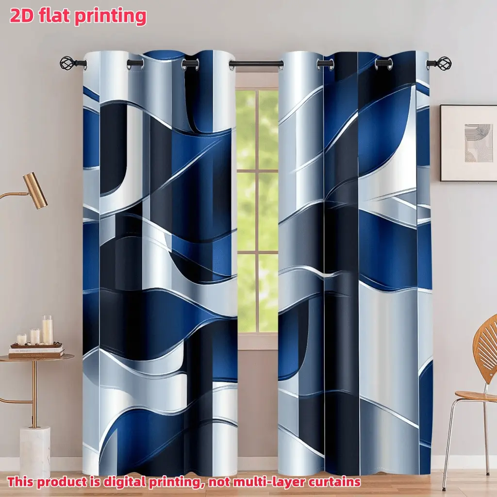 2D Flat 2Pcs Abstract Blue Wavy Stripe Pattern Curtains for Home Decor, Polyester Home Decorative Curtain, Modern Geometric Art Window Drapes with Grommet Top, Home Decoration Accessories