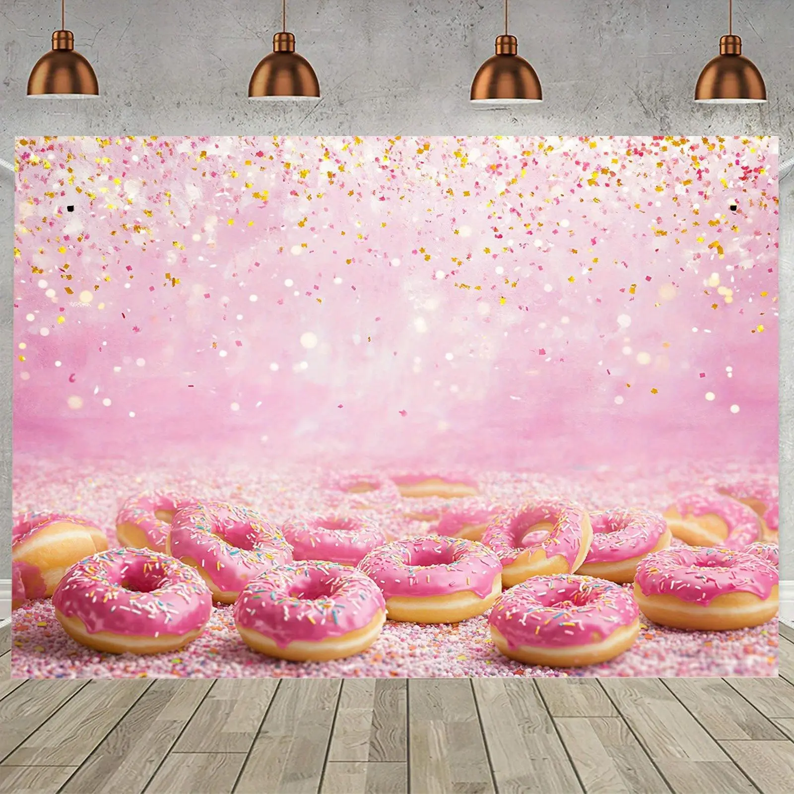 Sweet Playful Treats Print Polyester Party Banner - Vibrant Pink Donut & Sprinkle Backdrop, Stain-Resistant Modern Indoor All-Seasons Textile Decor for Birthdays, No Electricity Needed