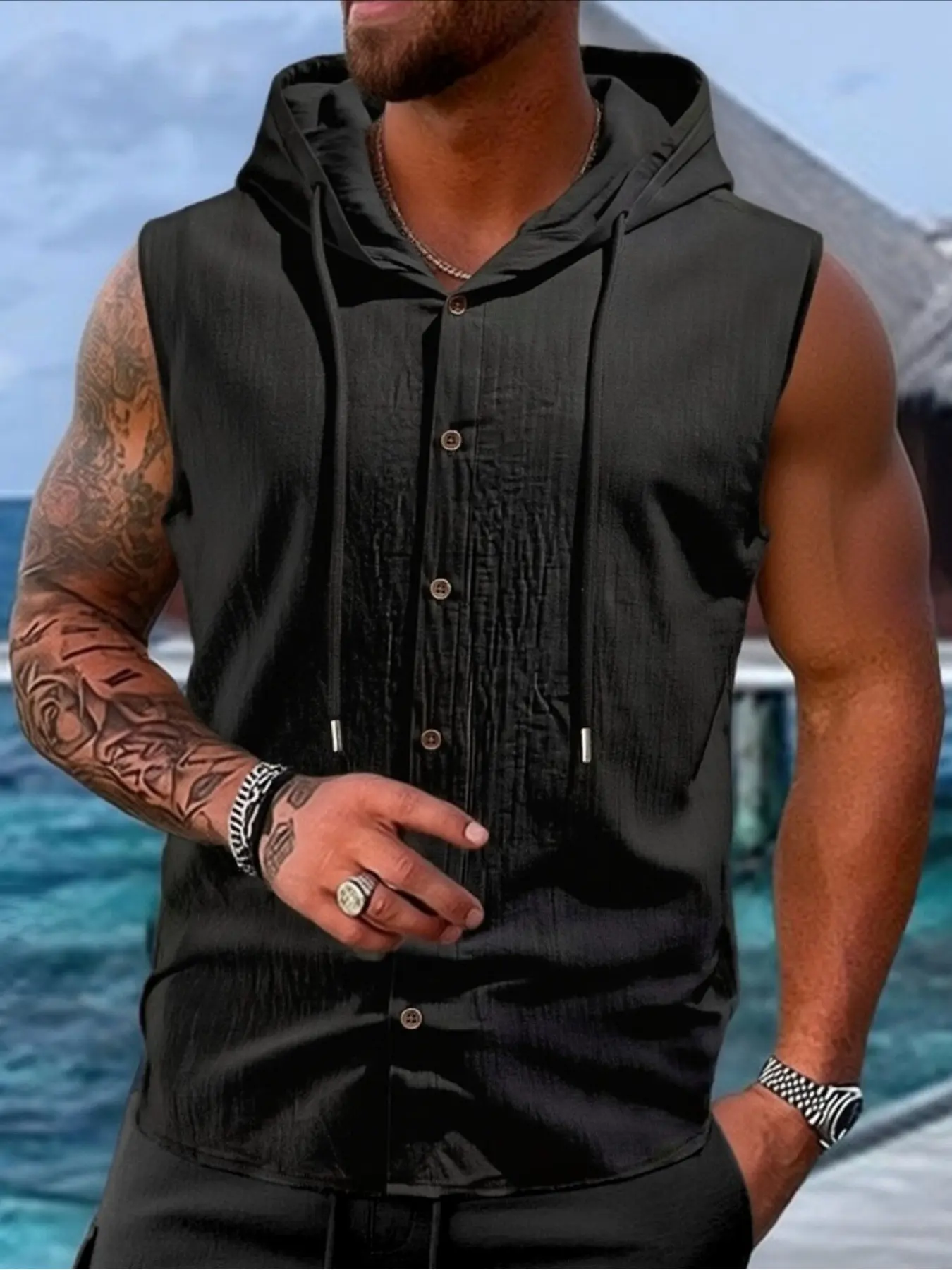 Men's Front Button Linen Hooded Sleeveless Vest Gilet, Plain Color Waistcoat, Urban Casual Style, Loose Breathable Open Cardigan, Tropical Summer Vacation Wear, Daily Wear, Casual Lightweight Vest
