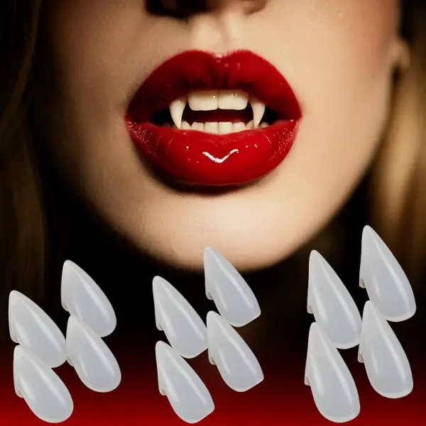 2 Pairs Vampire Fangs Fake Teeth Set, 4Pcs Multi-Size Cosplay Denture Accessories with Teeth Glue Pellets, Tweezers, Photo Prop for Adult Halloween Zombie Costume Makeup Party Cosplay