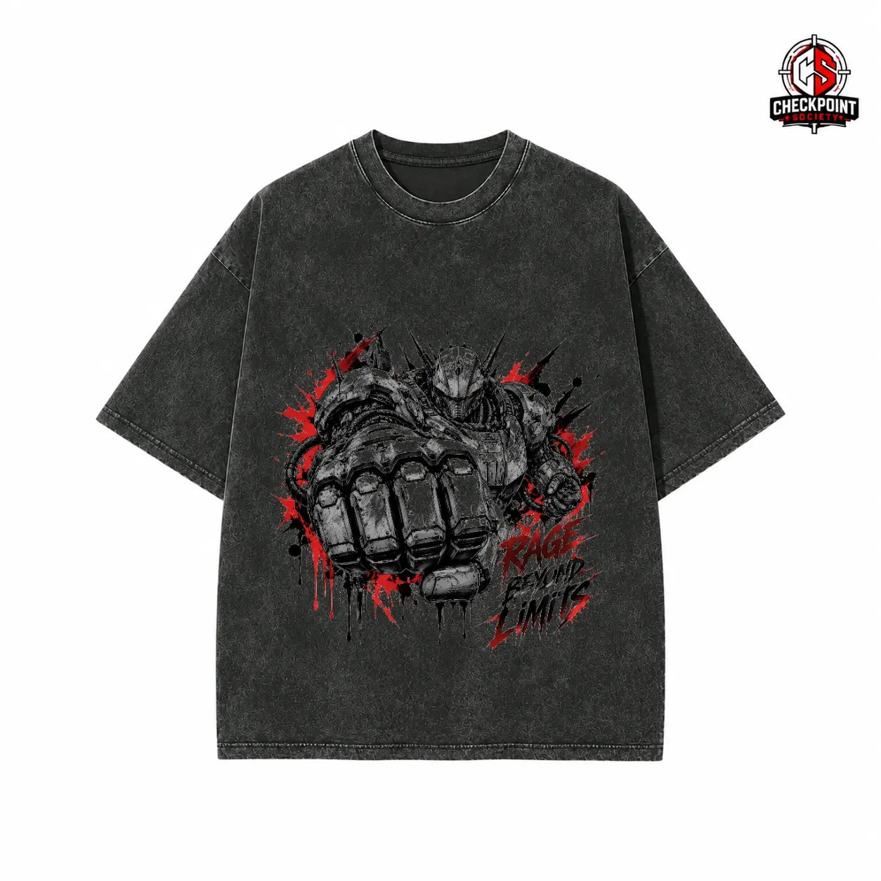 Vintage Washed Black Oversized Tee with Heavy Mecha Fist Graphic, Blue Accent Details, 'FORGED UNBREAKABLE' Text, Futuristic Sci-Fi Streetwear, Casual Robot Theme Clothing