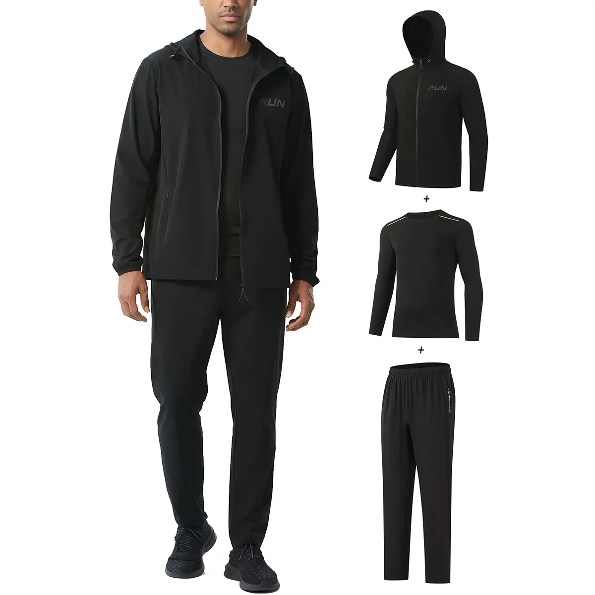 RPOVIG Men's 3 Piece Tracksuit, Plain Fitted Athletic Set with Windproof Jacket and Pants for Outdoor Hiking, L, Machine Washable, Long Sleeve Shirt, Running Gear