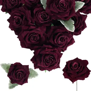 Burgundy Roses 16pcs Artificial Velvet Roses Maroon Flowers 4.3" Burgundy Fake Flowers Dark Red Roses for Wedding Bouquet Flowers for Floral Centerpieces Home (Burgundy)