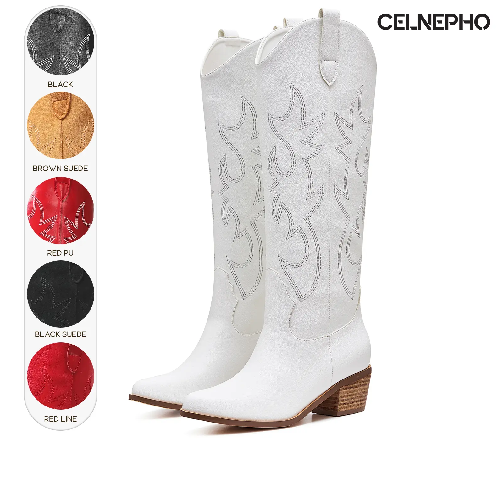 CELNEPHO Womens Cowboy Boots Pointed Toe Chunky Block Heels Classic Embroidered Comfy Easy Pull on Long Tall Fashion Knee High Boot Horse Riding Party Work Casual Wear Dates Club Nights Vacation Counrty Wedding Trendy Western Cowgirl Dressy Summer Shoes