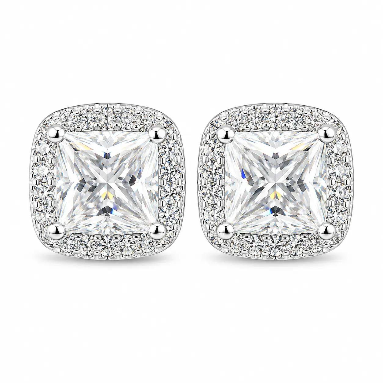 HE102WZ-Princess Cut Moissanite Stud Earrings, 0.8ct Each, D Color, VVS1 Clarity, Elegant Fashion Costume Jewelry Gift for Special Occasions