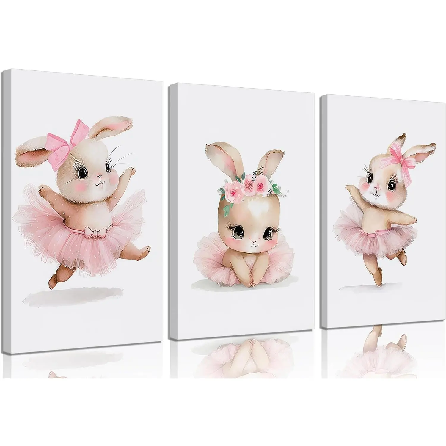 3 Pcs Pink Bunny Canvas Wall Art for Nursery Baby Room Cute Posters Prints Wall Decor Pictures Pink Preppy Dress Rabbit Ballet Paintings Artwork for Girls Room Bedroom Home Decoration