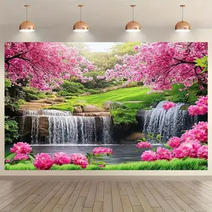 Summervibes 1PC,2D Flat Nature Landscape Tapestry, Cherry Blossom Waterfall & Pink Flowers Pattern, Wall Hanging for Bedroom, Living Room, Photo & Live Streaming Background, Dorm Decoration, Aesthetic Home, Birthday, Polyester