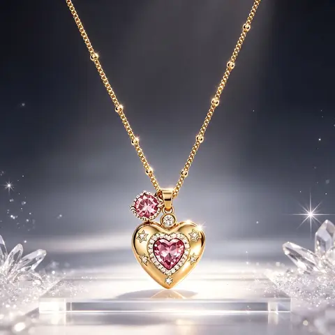 TEWIKY Dainty Satellite Chain Necklace for Women, Pink Cubic Zirconia Heart & Round Double Pendants, Minimalist Layered Elegant Jewelry, Ideal Valentine Birthday Gift for Girlfriend