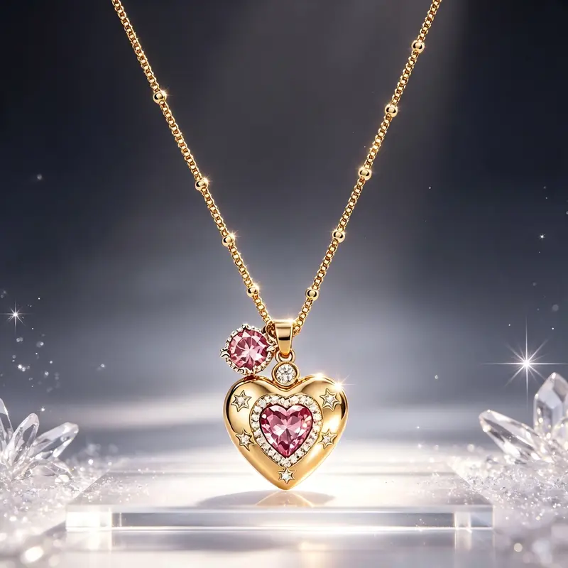 TEWIKY Dainty Satellite Chain Necklace for Women, Pink Cubic Zirconia Heart & Round Double Pendants, Minimalist Layered Elegant Jewelry, Ideal Valentine Birthday Gift for Girlfriend