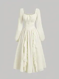 Women's Ruffle Lantern Sleeve Long Sleeve Cute Slim Dress, Autumn Wedding Guest Renaissance Style Back-To-School Graduation Gown,milkmaid dress,misty white dress