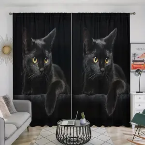 Black Cat Pattern Door Curtain, 2 Counts/set Animal Pattern Door Curtain, Home Decor for Bedroom, Living Room, Kitchen, Bathroom, Study, Window Curtain, Window Drapes