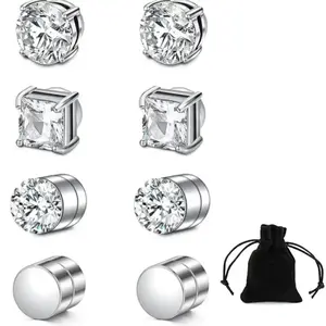 4 Pairs Stud Earrings Fake Cubic Zirconia Diamond Earrings for Women Men Silver summervibes