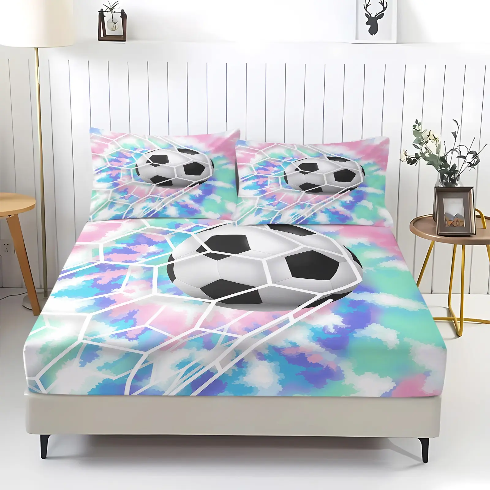 Football Pattern Fitted Sheet Set Queen Size, 3Pcs Colorful Soccer Ball Planet Printing Bedding Set for Boys Teens, Sports Theme Breathable Fabric Bedsheets Set for Bedroom Decor, Bed Sheets Set, 1 Fitted Sheet + 2 Pillowcases