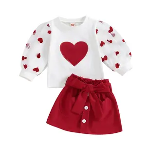 Children Girls Skirt Set, Long Sleeve Crew Neck Heart Print T-shirt with Skirt and Belt Kids Fall Outfit mini skirt