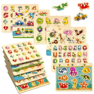 edutree 6pcs Wooden Peg Puzzles for Toddlers 1 2 3 4, 6 Pack Educational Peg Puzzles Montessori Toys, Learning Puzzles for Kids Girs Boys with Alphabet Number Animal Vehicle Shape, Halloween gift