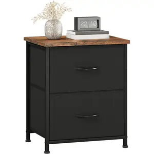 Nightstand, Small Dresser for Bedroom with 2 Drawers, Bedside Table Night Stand End Table with Fabric Bins for Bedroom Kids Closet Dorm Guest Room, Black Rustic Brown