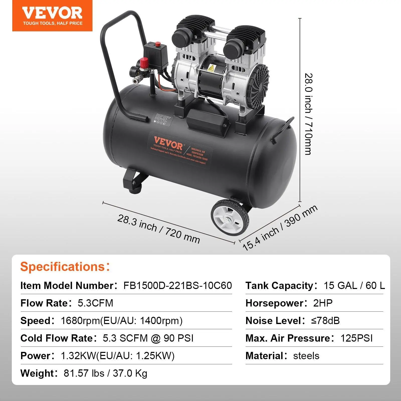15 Gallon 1320W 5.3 CFM@ 90PSI 80 dB
