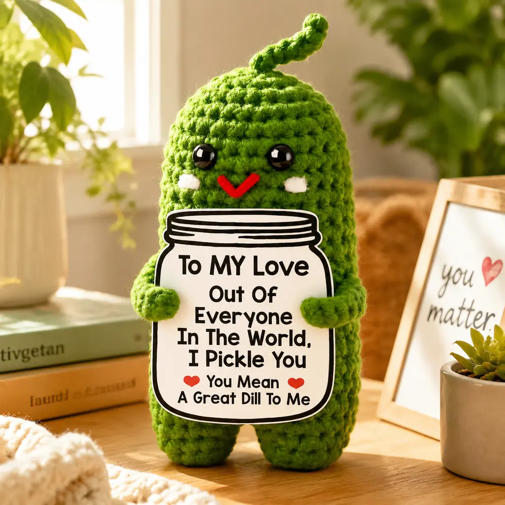 Positive Pickle Crochet Doll, Handmade Knitted Mini Pickle Plush with Pun Quote Card, Cute Emotional Support Gift, Romantic Pocket Desk Decor for Couples, Anniversary Valentines Gift