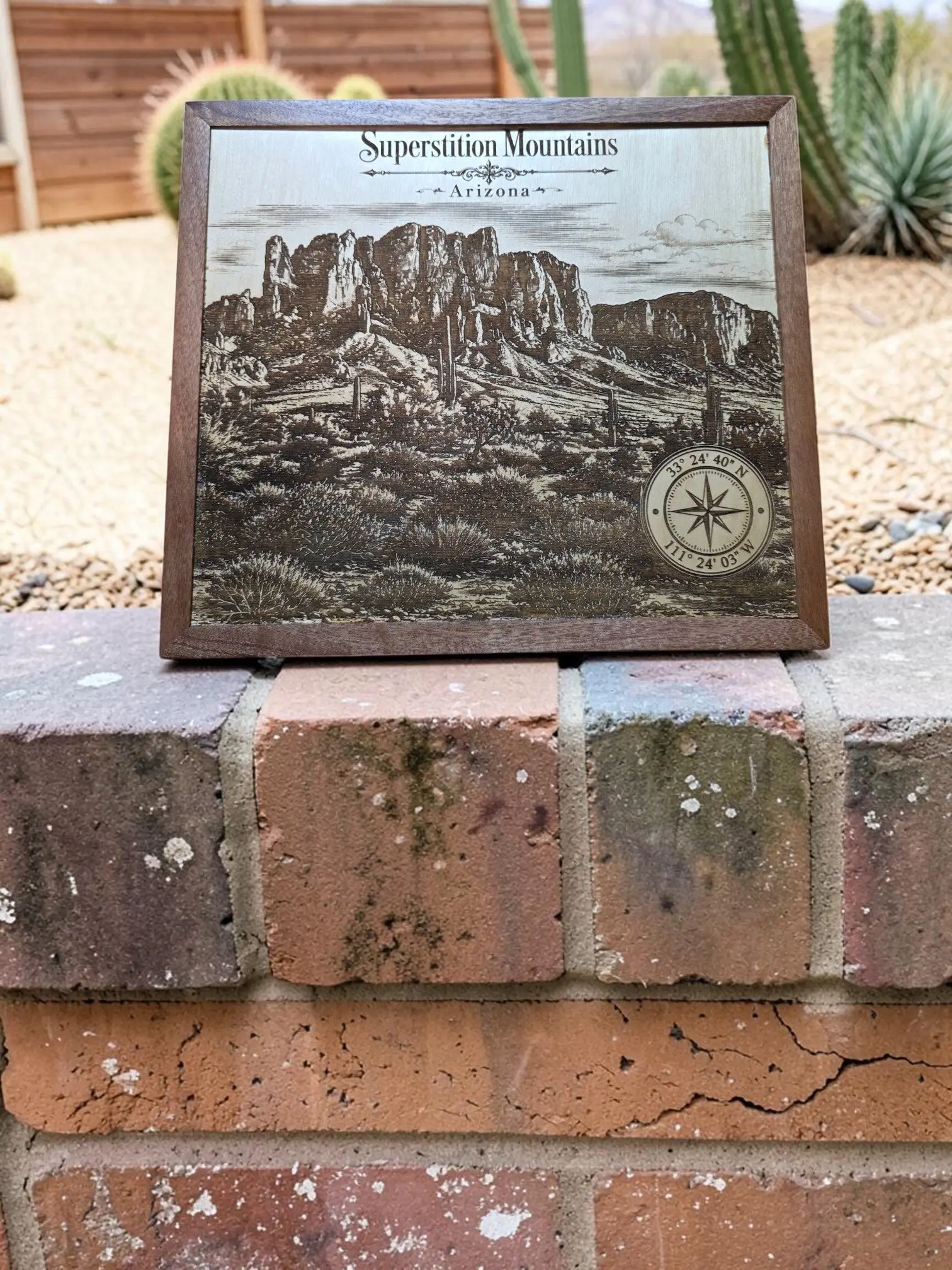 Superstition Mountains Arizona Laser Engraved Wood Wall Art with Solid Mahogany Frame