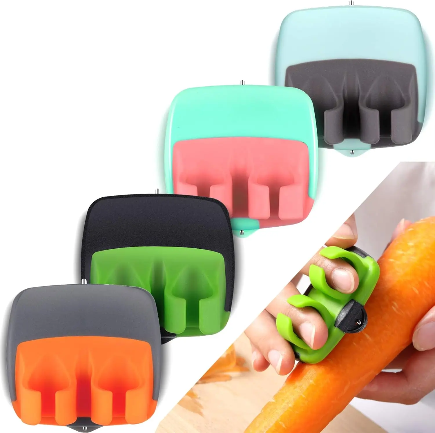 Kitchen Utensils 4-Piece Straight Stainless Steel Blade Finger Palm Peelers Set with Comfortable Rubber Finger Grip, Assorted Colors for Pumpkin, Sweet Potatoes, Eggplant