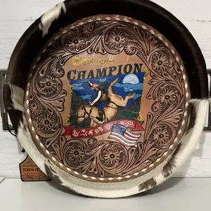 Cowhide and Leather Tray with Champion Design and American Flag Motif for Rustic Decor