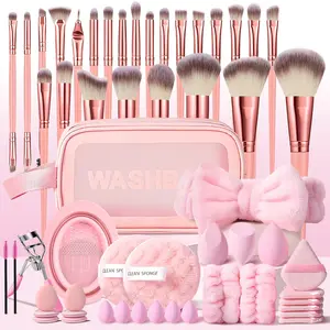 Pink Makeup Brush Set, Brush Set Cosmetic, Makeup Brushes, 56Pcs Makeup Set Includes 25-Piece Synthetic Brushes, Beauty Sponges, Makeup Puffs, Storage Bag, Brush Cleaning Tools, Headband & Wristbands, Eye Makeup Accessories, Makeup Kit for Daily Use