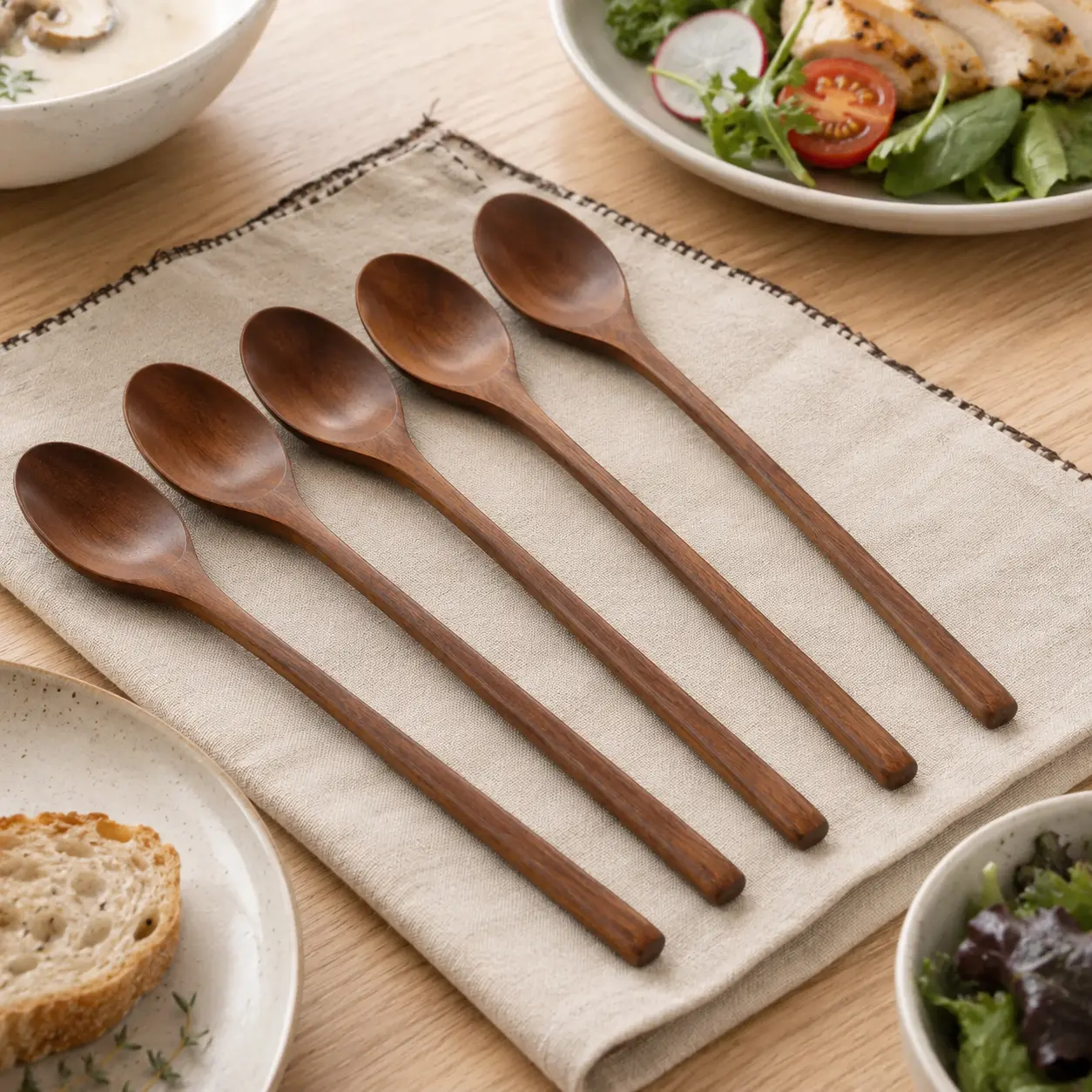 6PCS Rustic Stylish Long Handle Wooden Soup Spoon Set, Natural Wood Cutlery for Tableware Use (Coffee, Tea, Dessert)