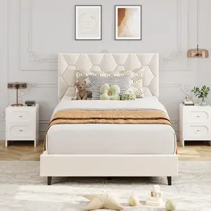Beige Upholstered Platform Bed Frame,Twin XL Size Bed Adjustable Padded Headboard, Strong Wooden Slats, Noise-Free, No Box Spring Needed, Easy Assembly