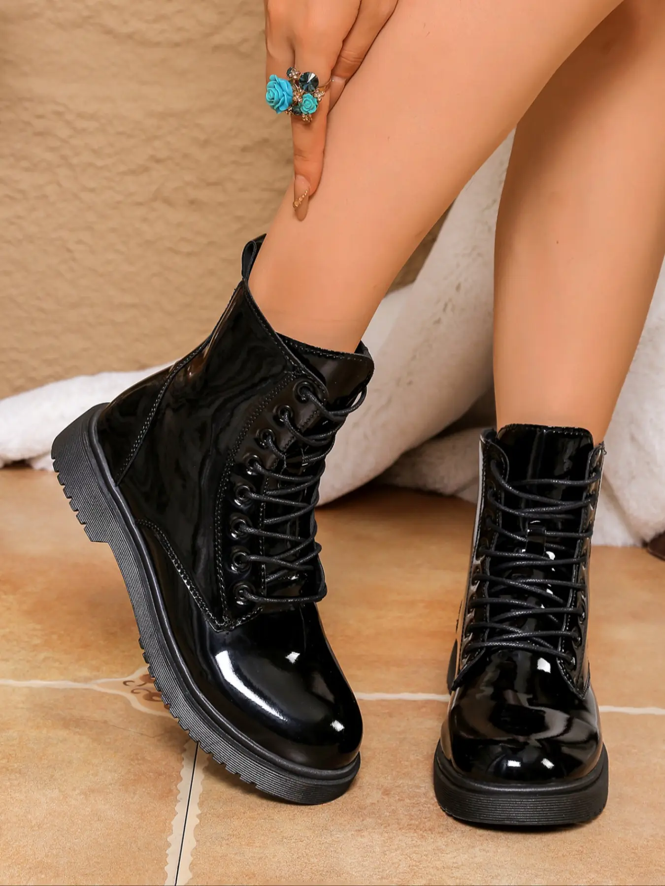 Women's Black Patent Leather Ankle Boots, Round Toe Combat Boots, Lace-Up Side Zipper Boots, Chunky Sole Boots, Stylish Edgy Footwear, Versatile Trendy Daily Boots, Street Style Fashion Shoes, Modern Women's Boots