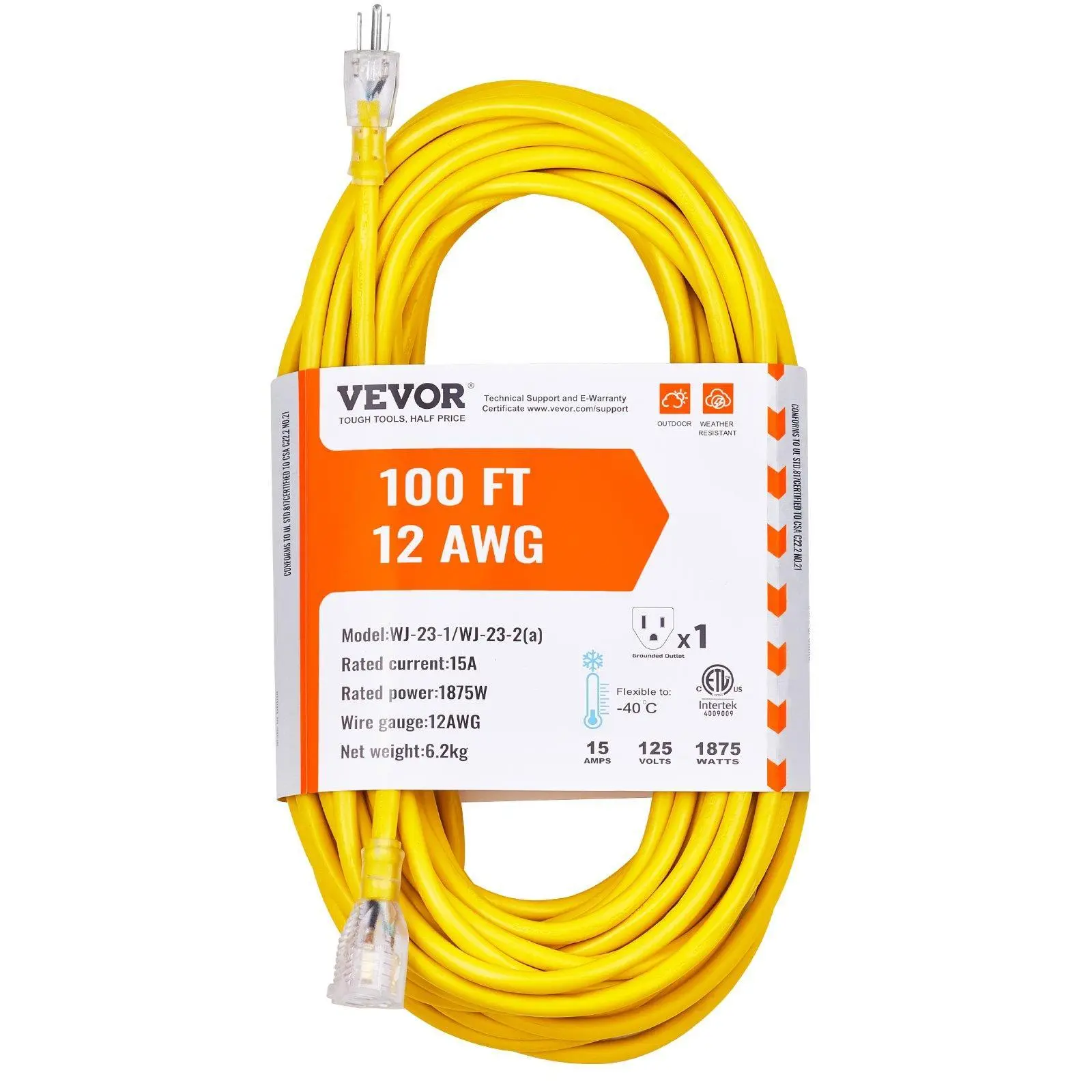 100FT Heavy Duty Outdoor Waterproof Extension Cord, 12AWG, 15Amps, 1875W, 3-Prong with Lighted End
