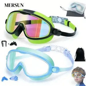 MERSUN 2 Pcs Kids-Swim-Goggles with Nose Cover, Wide View Anti Fog UV Anti Shattered Lens for Kids 3-6/6-15 anti-uv swimming goggles swim glass wide view uv swimming goggles anti-fog swimming goggles easter gift