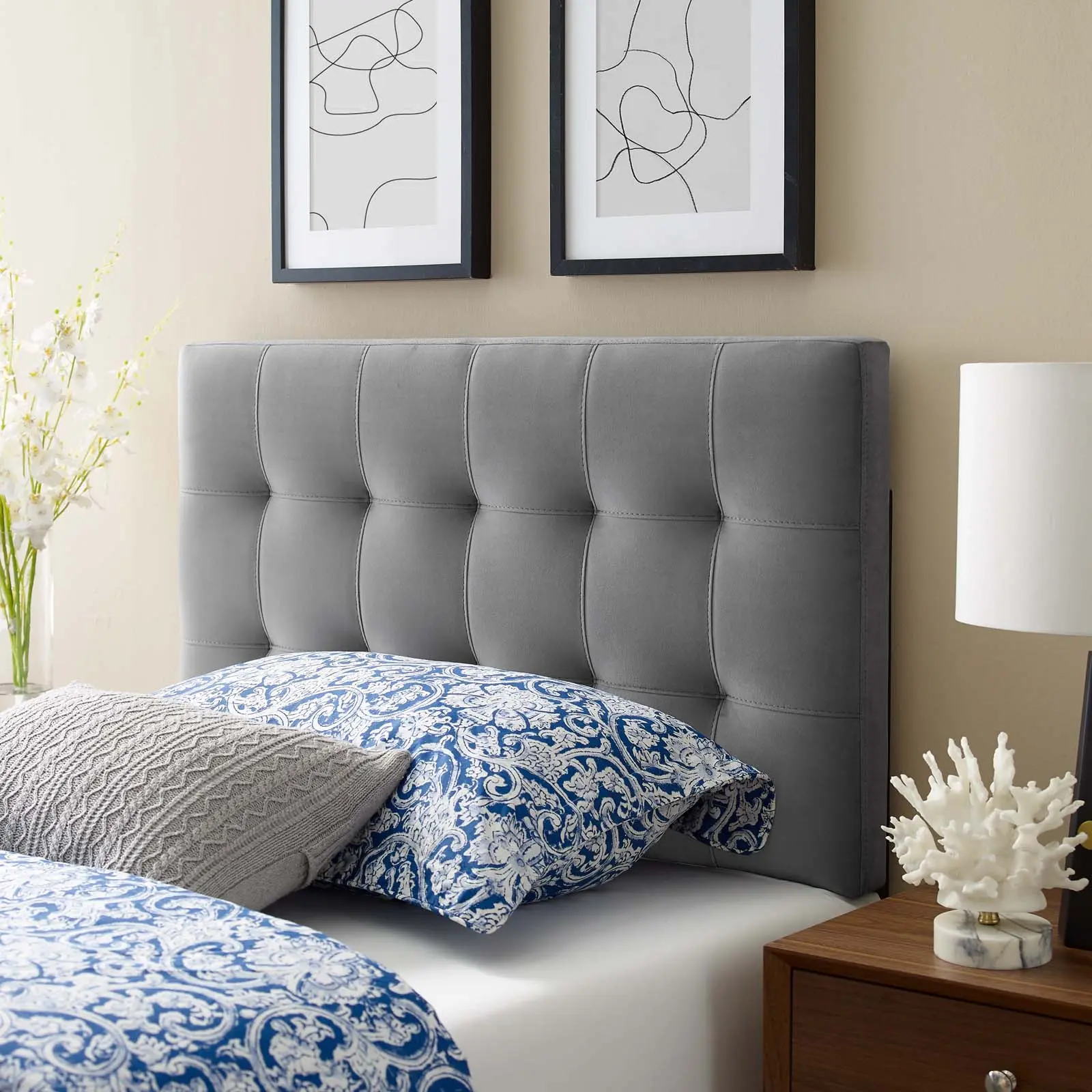 Modway Lily Adjustable Upholstered Tufted Twin Performance Velvet Headboard, Biscuit Tufted Upholstered Headboard in Gray, Adjustable Upholstered Headboard, Upholstered Tufted Headboard