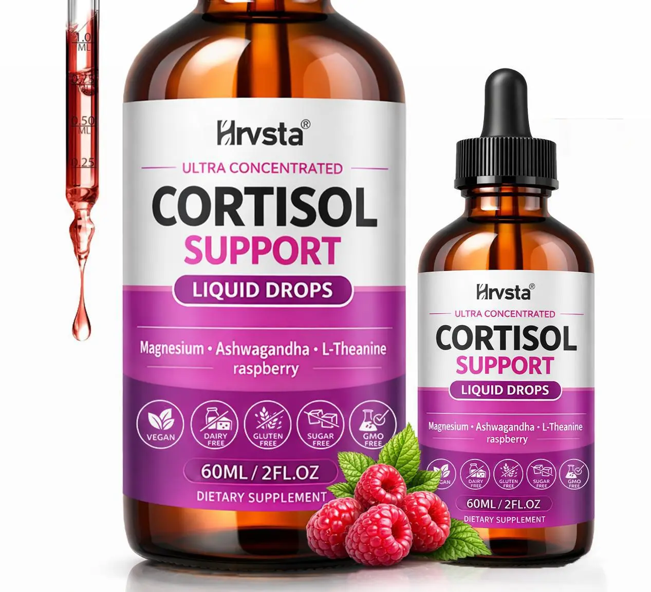 Cortisol supplement drops, a 17-in-1 cortisol lowering agent, containing KSM-66, Ashwagandha, theanine, Rhodiola rosea, magnesium, to balance hormones, lower cortisol levels in women, and provide a soothing and relaxing effect