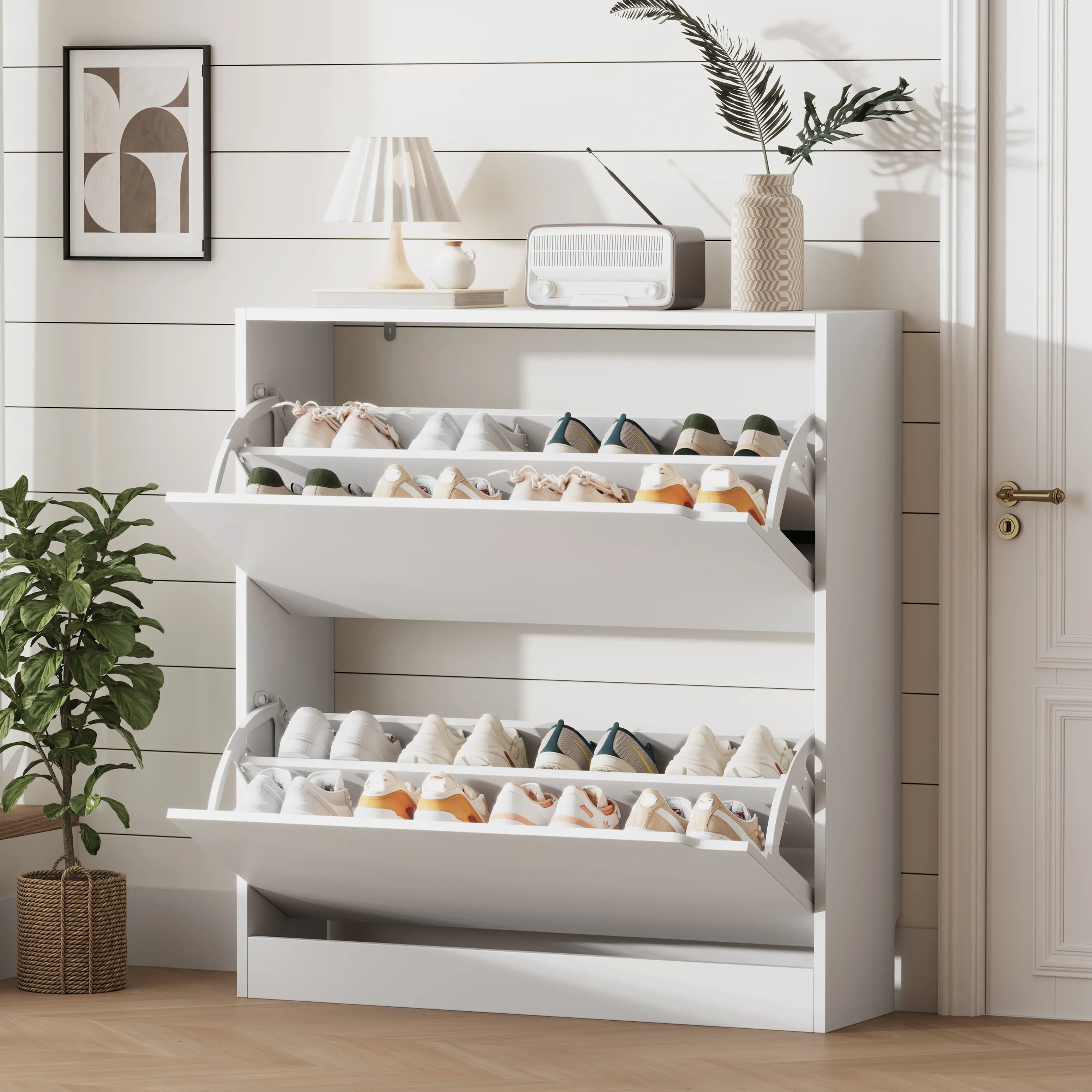 Shoe Storage Cabinet for Entryway with 2 Flip Drawers, Sturdy Wood Hidden Shoe Storage, Freestanding Narrow Slim Shoe Organizer for Front Door Entrance, Living Room, Hallway, Bedroom, Grey  Natural Finish fathers day gift ideas