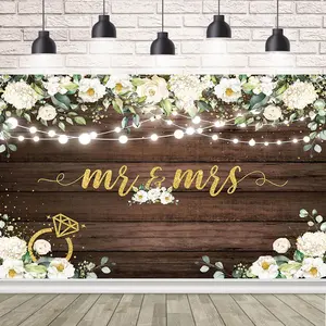Rustic Mr and Mrs Wedding Backdrop Wooden Floral Style Polyester Fabric Photography Background Wrinkle Resistant HD Print Bridal Shower Decor Photo Booth