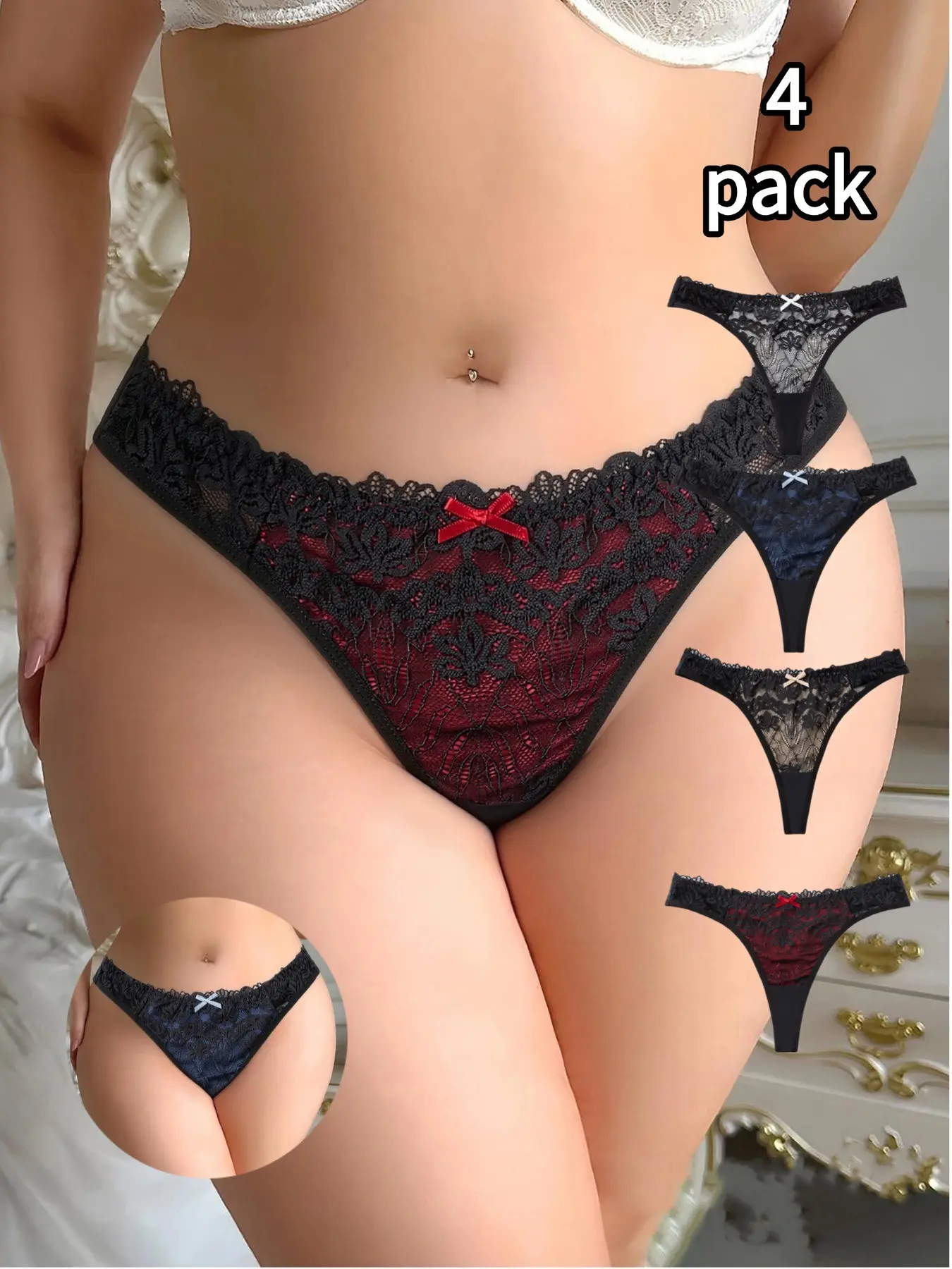Double Layer Cutout Colorblock Women's Thong, Sexy Lace Trim Pure Desire Tights, Seasonal Date Night Underwear, 4 Pairs Set, Lace Underwear Panties, Cheeky Bottoms Set, Lingerie Underwear
