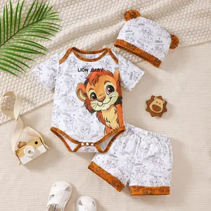 Baby Boy Summer Clothes Cartoon Lion Print Short Sleeve Romper, Shorts & Lion Ear Hat 3Pcs Mystery Outfit Set XPTBB25