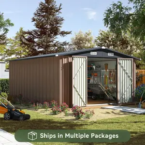 Aoxun 12x14FT/10x12FT/10x8FT/6x8FT/6x4FTLarge Size Brown Metal Outdoor Storage Shed, Utility Garden Building with Double Hinged Large Lockable Door, Metal Roofing & Sloped Roof, for Garden, Backyard