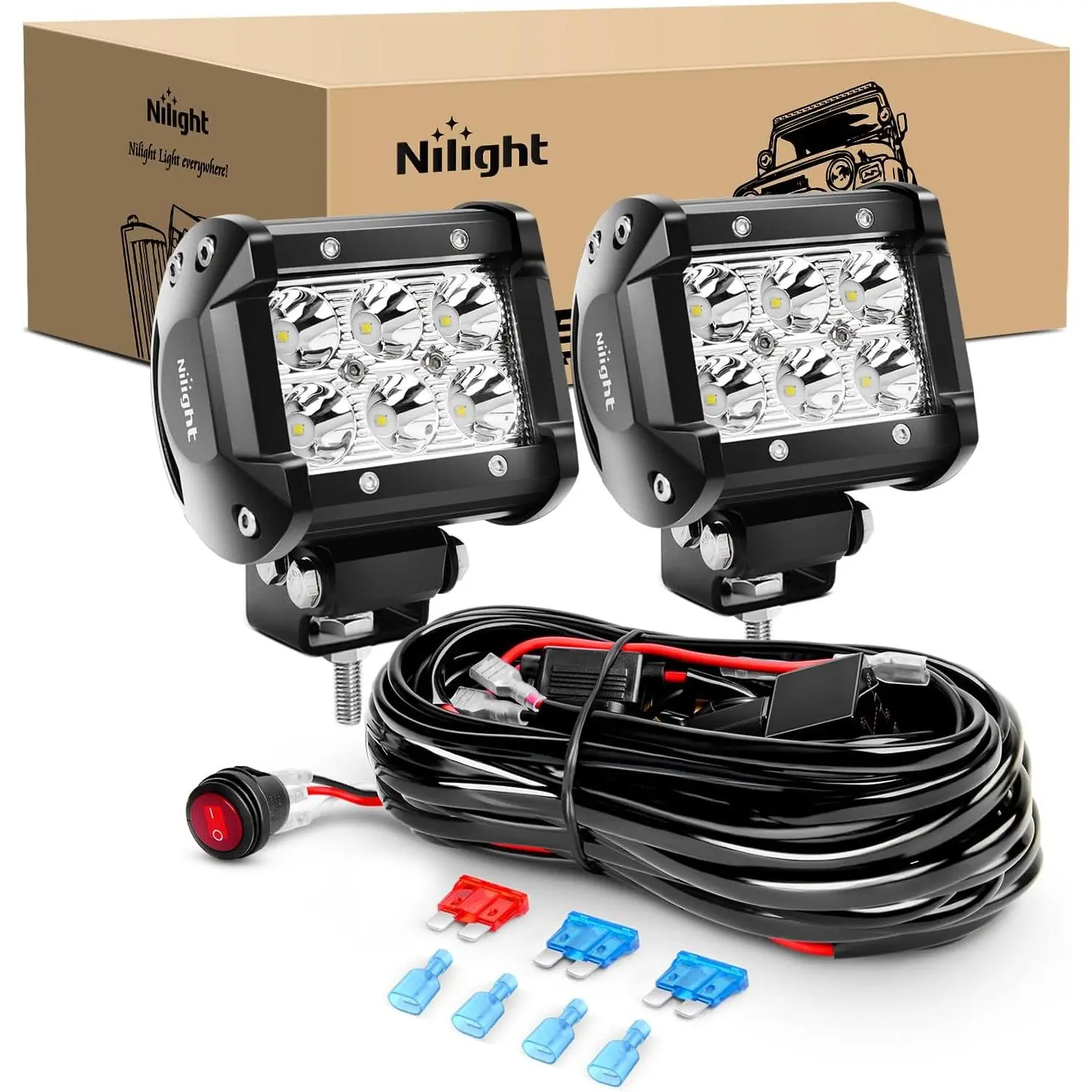 Nilight ZH009 Offroad LED Light Bar Dual Pack - 2PCS 18W LED Work Lights with 16AWG Wiring Harness Kit, Compatible for Cars, Trucks Automotive Accessories, Offroad Lights