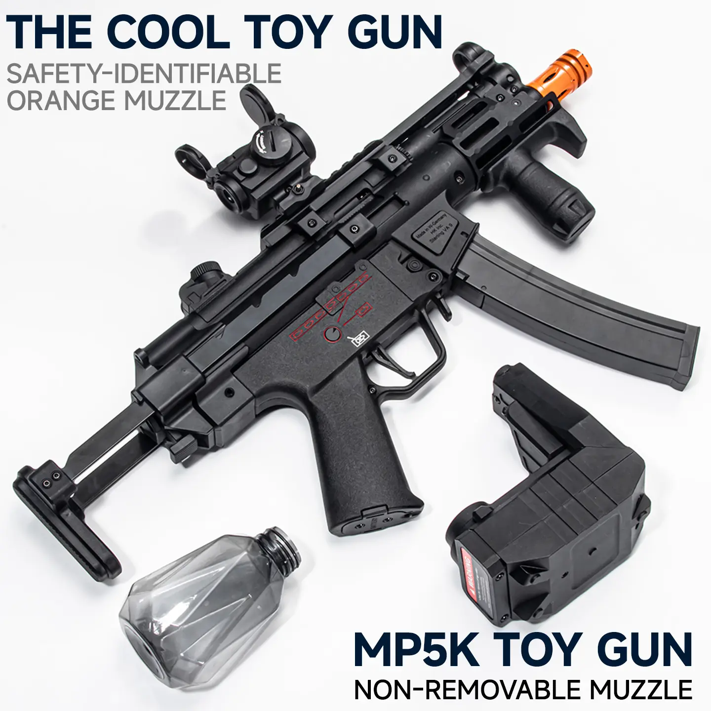 Electric feed Gel Ball Toy MP5，with a non-removable orange muzzle, Realistic Look
