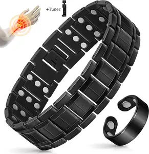 Men's 3-Row Strong Magnetic Bracelet Set - Includes Lymphatic Drainage Ring, Adjustable Sizing Tool, Wearable Pedometer - Black Costume Jewelry Gift, Wearable Devices
