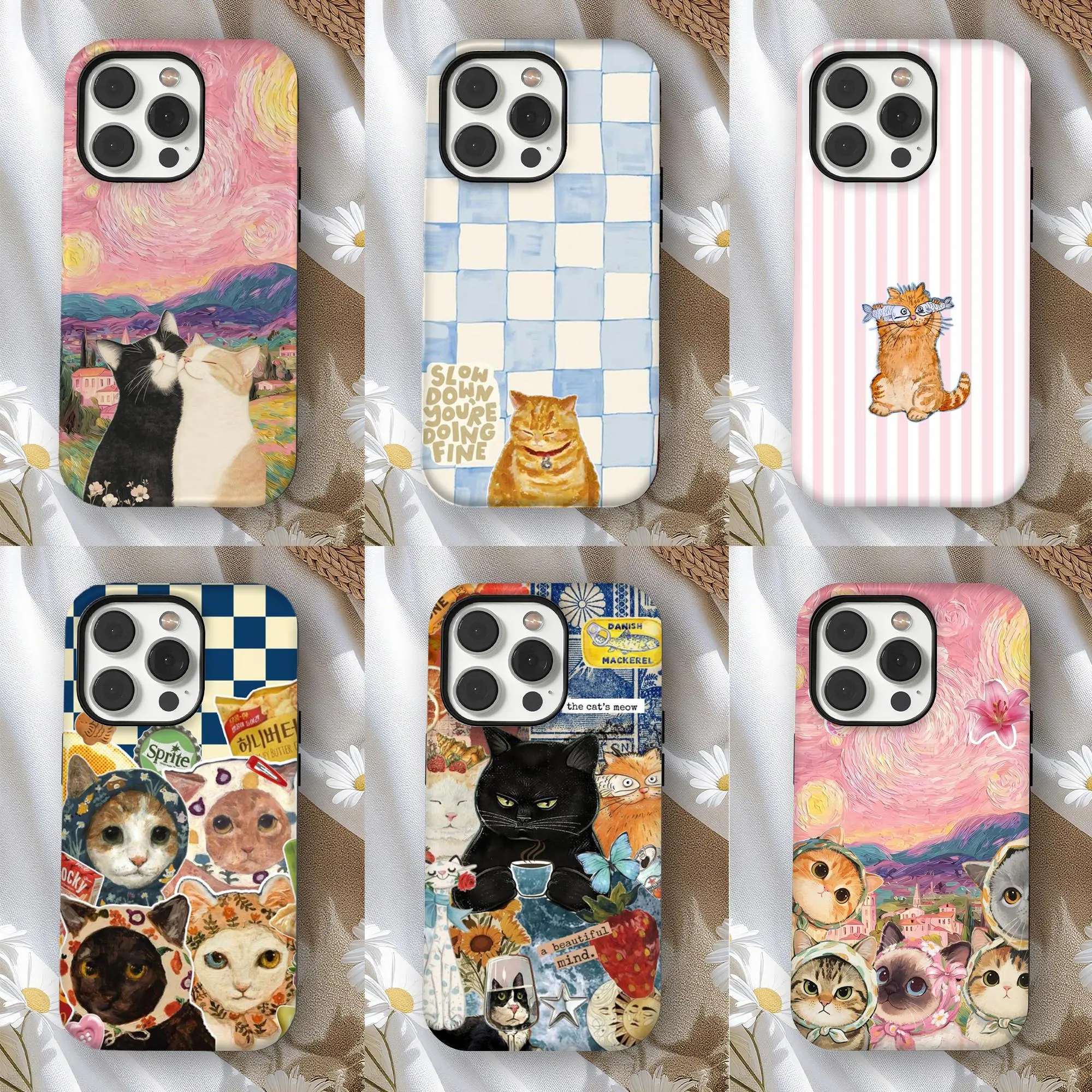 Aesthetic Cat Art Phone Case, Vintage Van Gogh Oil Painting Kitten Cover, Maximalist Collage Cat Meme Shell, Coquette Cottagecore Cat Lover Gift, Shockproof Protective Phone Case