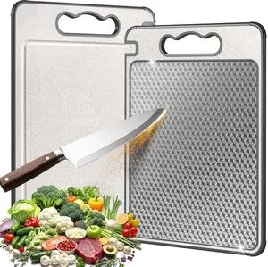 Stainless Steel Cutting Board for Kitchen,Double Sided Non Toxic Non Slip Chopping Board 14.37"*9.84",Food-Grade,Scratch Resistant Mesh Design(1 side 304 Stainless Steel, 1 side Wheat Straw PP) Metal Meat, 1 Pack