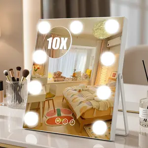 Vanity Mirror with Lights 16"x10" Hollywood Makeup Mirror 9 Dimmable Bulbs 3000mAh Battery 3-Color Lighting 360° Rotation 10x Magnification Desk Mirror Bedroom White Adjustable Brightness & 3 Lighting Modes