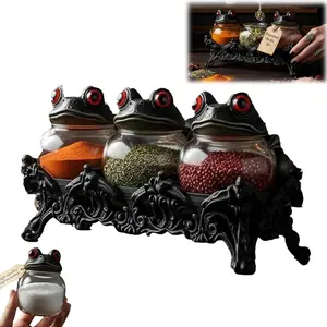 Witchy Frog Apothecary Spice Jars, Handcrafted Vintage Class Apothecary Jars Sets with Frog Lids, Gothic Food Storage Containers, Frogs Spice Jar Fun Salt and Pepper Shakers Seasoning