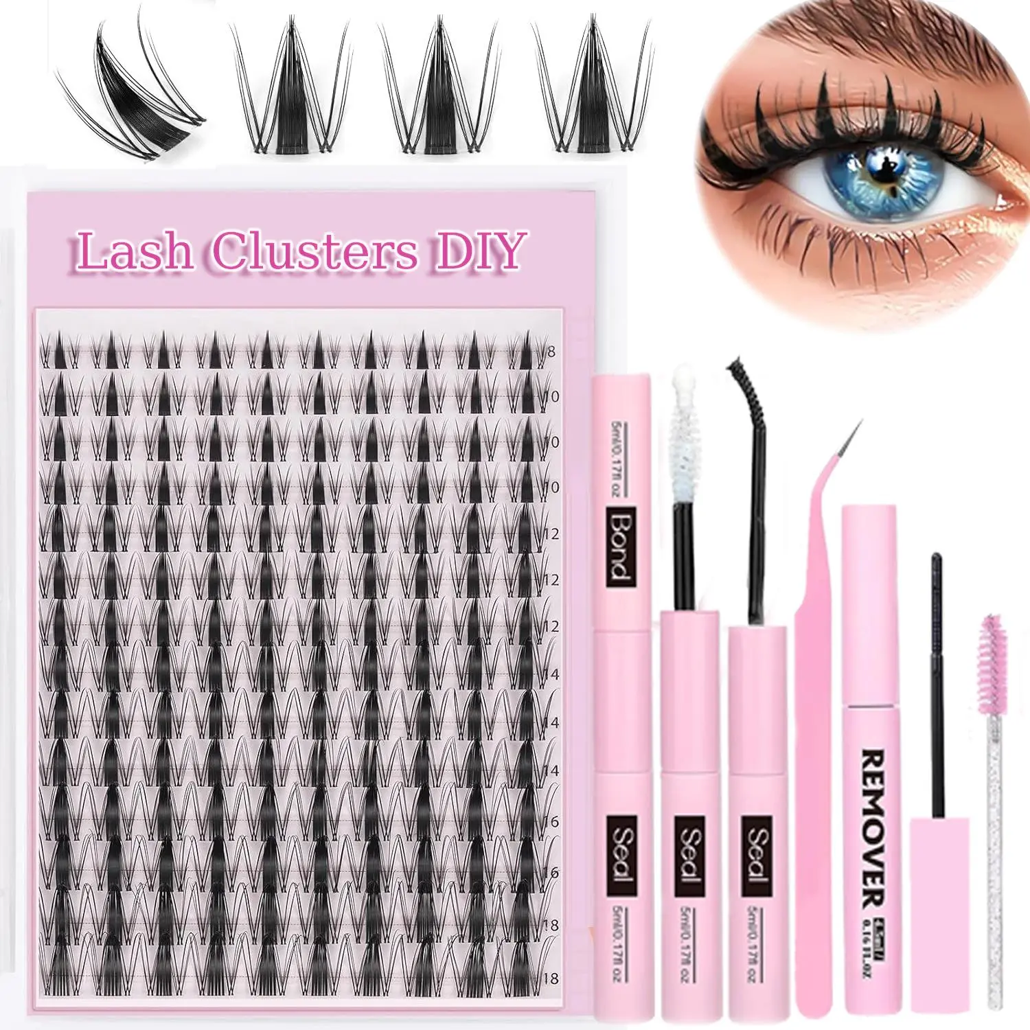Eyelash Extensions Kit, 1 Set Including D Curl Fake Lashes & Eyelash Glue & Eyelash Remover & Tweezers & Eyelash Brush, Eyelash Tools, Professional Eye Makeup Set for Women, DIY Lash Clusters, Cosmetics Kits