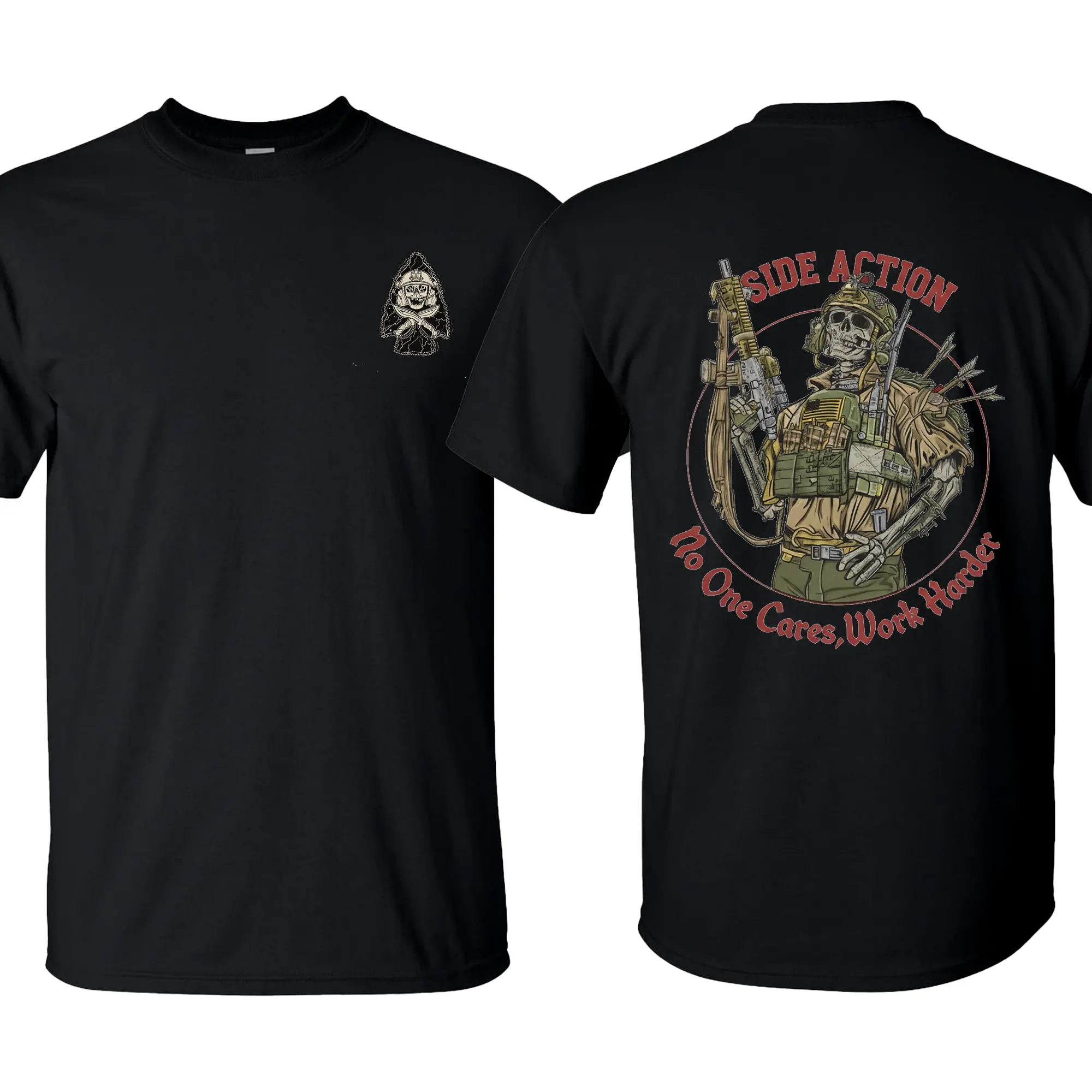 Skeleton Operator No One Cares Work Harder Side Action Tee, Patriotic Military Graphic Tee, Perfect Gift for Veterans and Soldiers, Unisex Cotton Short Sleeve Shirt for Daily Wear, Outdoor Activities & Casual Street Style