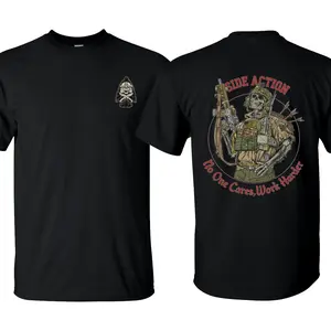 Skeleton Operator No One Cares Work Harder Side Action Tee, Patriotic Military Graphic Tee, Perfect Gift for Veterans and Soldiers, Unisex Cotton Short Sleeve Shirt for Daily Wear, Outdoor Activities & Casual Street Style